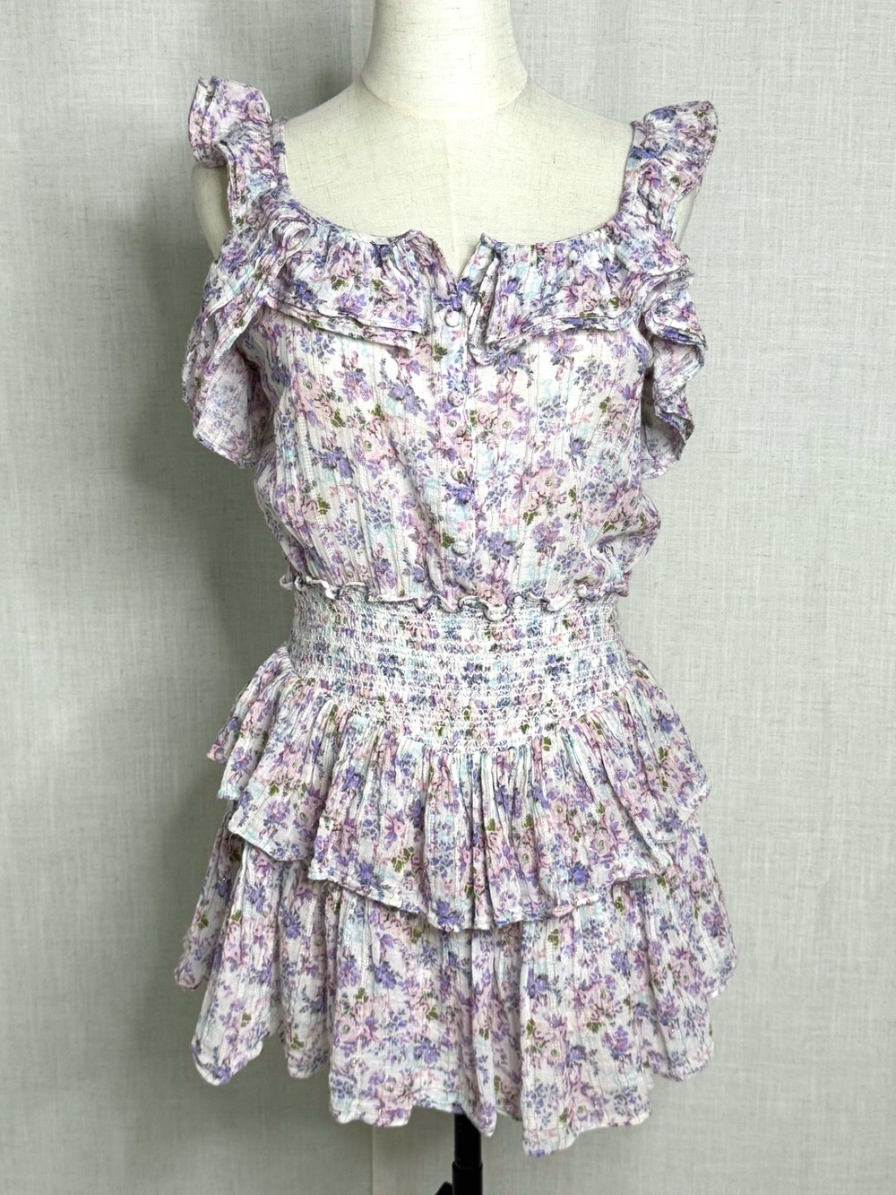 LoveShackFancy Shanely Mini Dress Positano Blue Floral Ruffle Tiered Size M